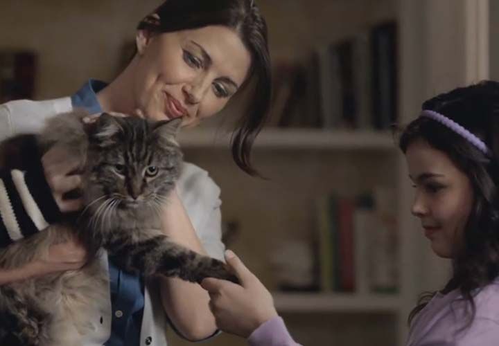 a family petting a cat after bringing it in from the rain